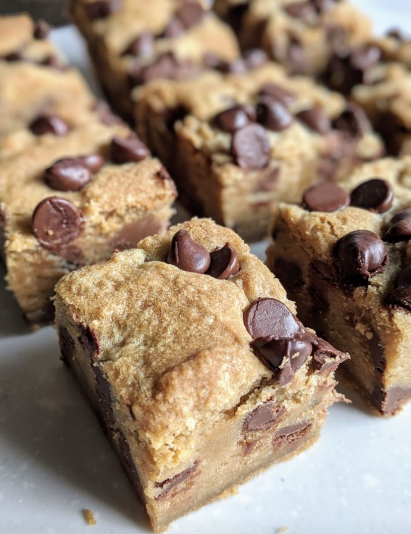 Cookie bars cut on a baking sheet. 