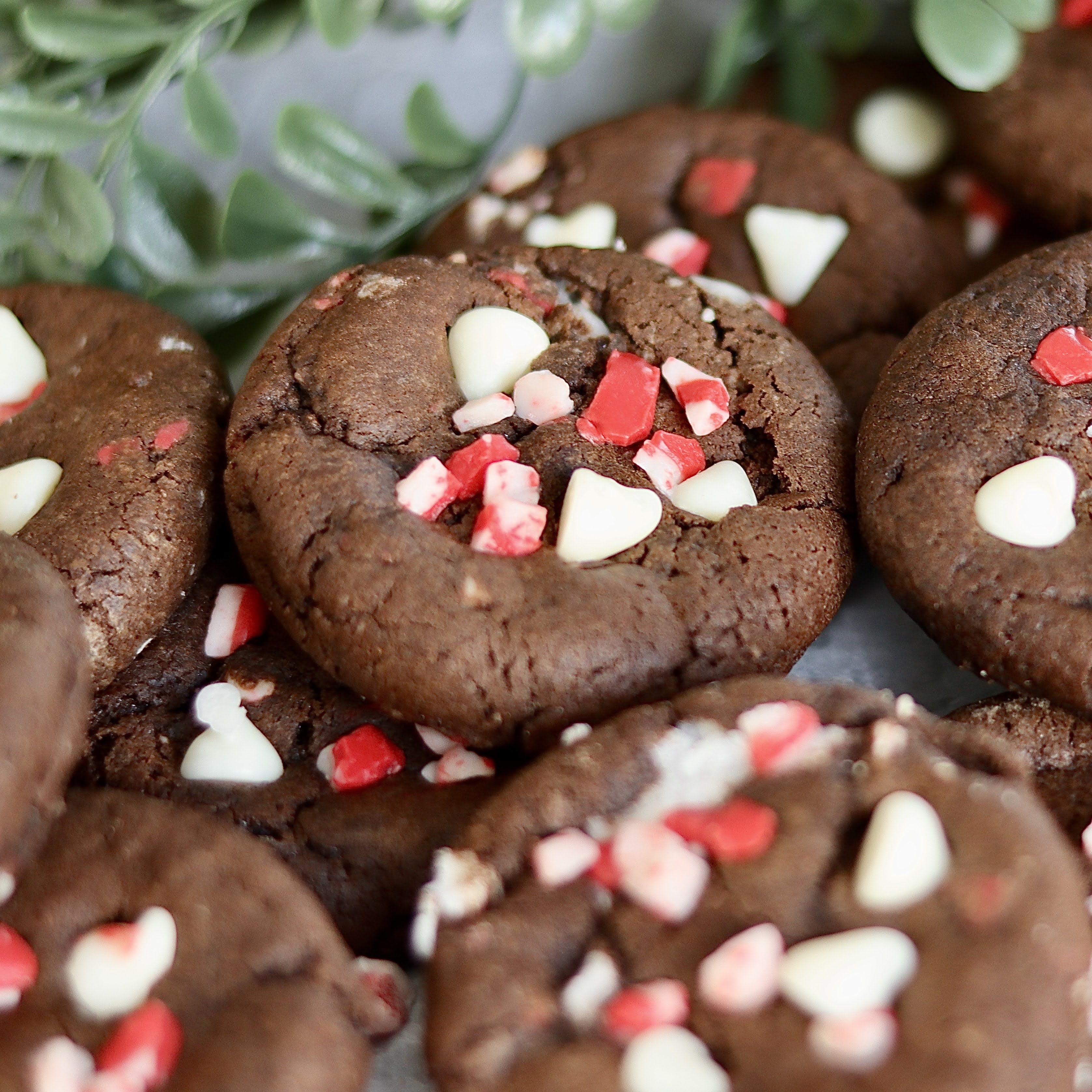 chocolate cookies stuffed with peppermint frosting and topped with peppermint chips 