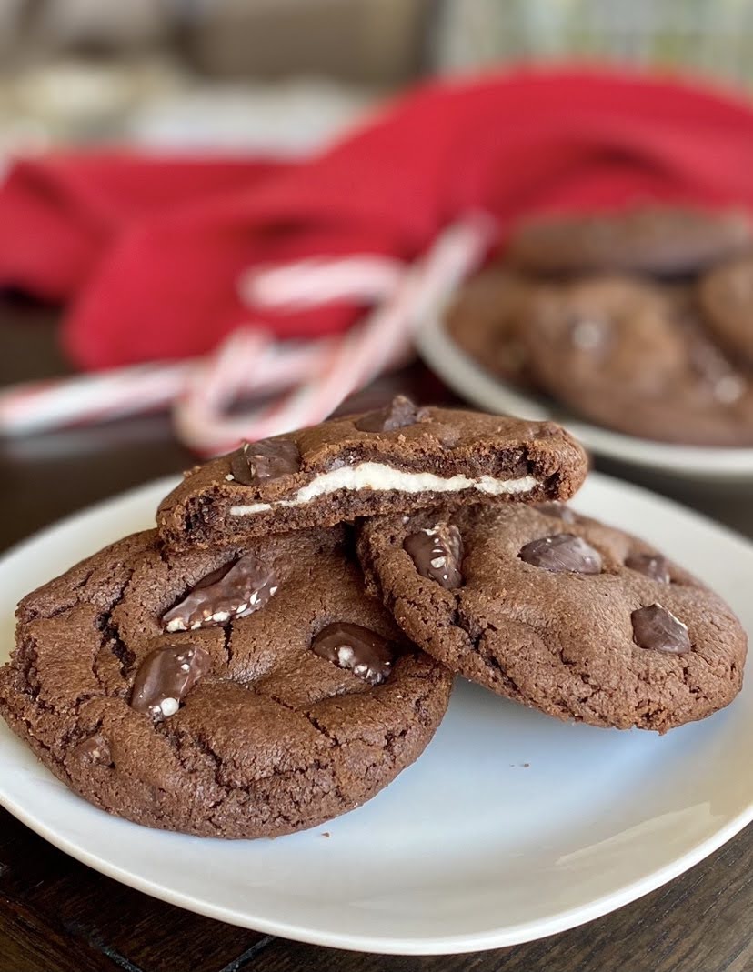 peppermint stuffed chocolate cookies on a white plate
