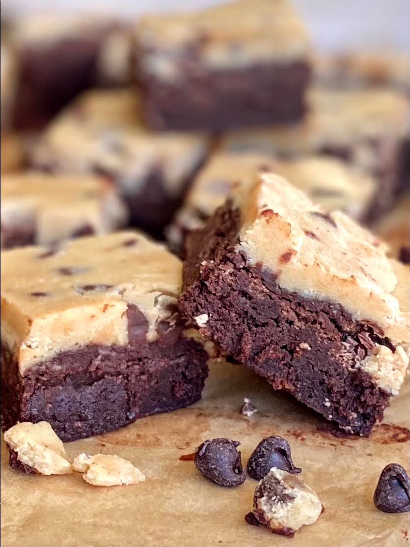 brownie bars topped with an edible cookie dough layer