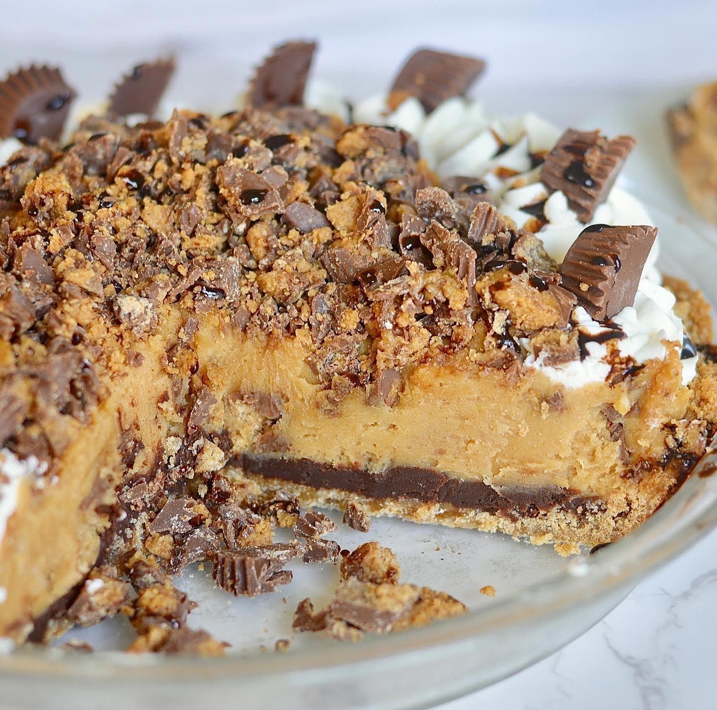 cross section of a chocolate peanut butter pie with a slice missing