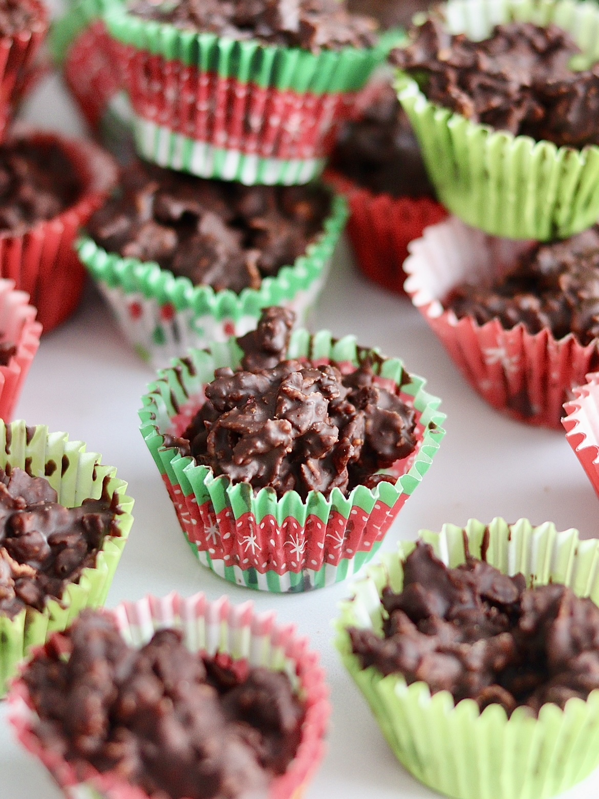 chocolate cornflake cookie wrapped in a holiday baking cup