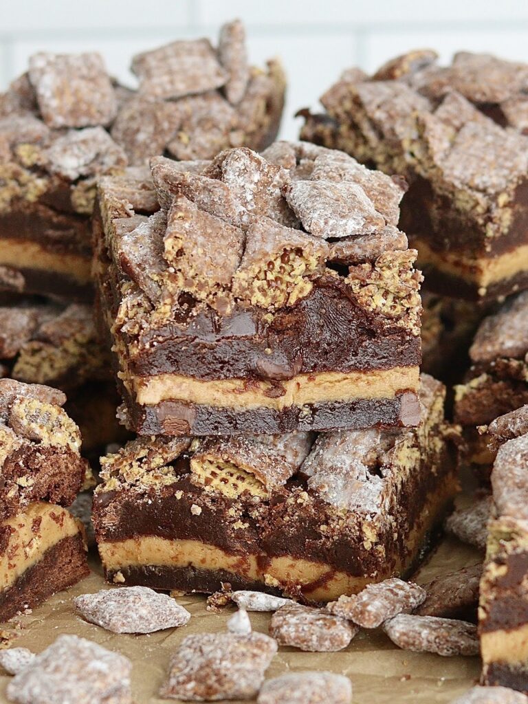 Puppy Chow Topped Peanut Butter Brownies