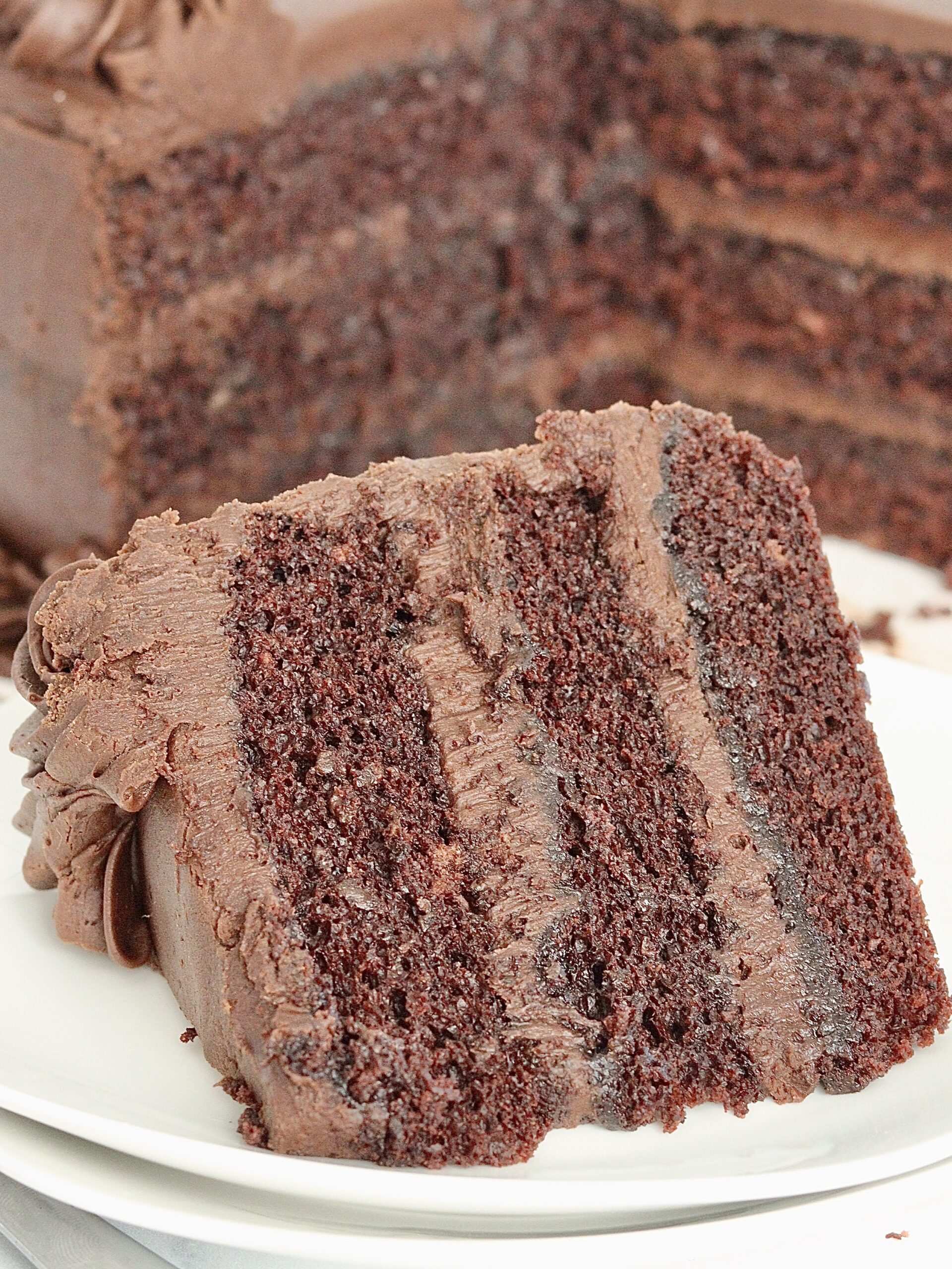 A slice of chocolate layer cake on a plate.